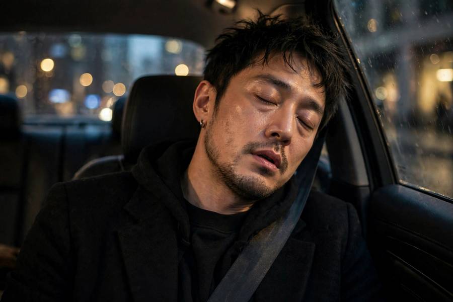 Exhausted celebrity resting in car between events, candid backstage moment, photorealistic