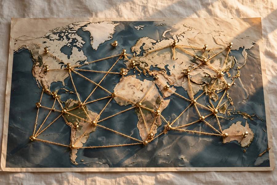 World map with many destination pins connected by routes, global tour concept, photorealistic