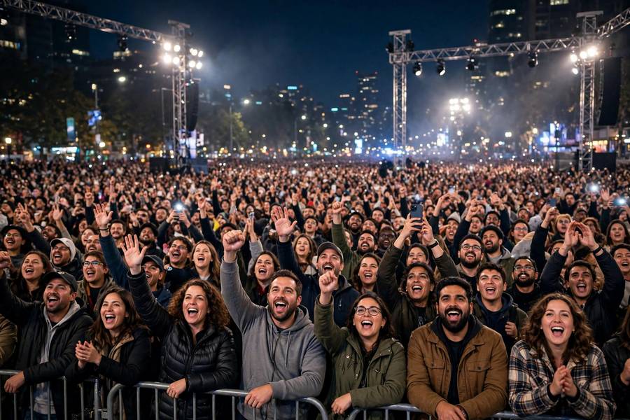 Cheering fans at massive outdoor premiere event, epic scale crowd, night, photorealistic