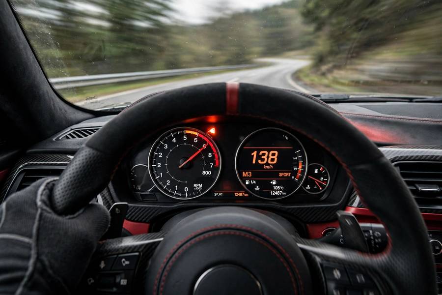 Tachometer near redline where high end torque and horsepower live