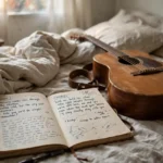 How to Write Lyrics: A Songwriter's Step-by-Step Guide Handwritten lyric notebook beside an acoustic guitar — how to write lyrics