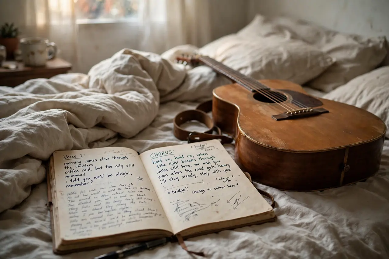 Handwritten lyric notebook beside an acoustic guitar — how to write lyrics