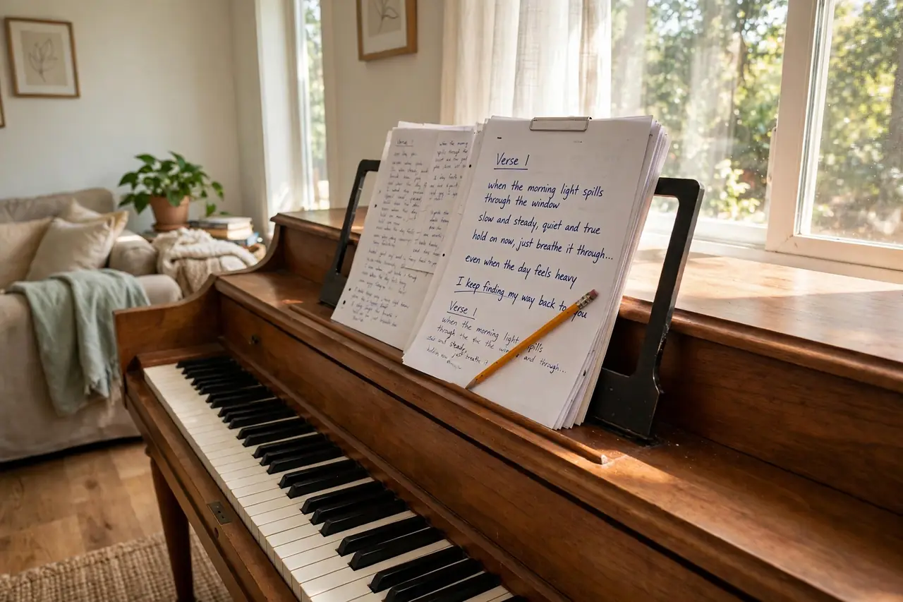 Lyric sheets and pencil on an upright piano — songwriting process for beginners