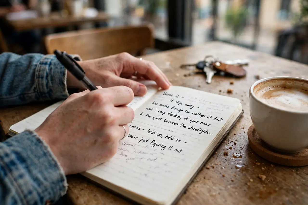 Songwriter writing lyrics in a notebook at a cafe — how to write lyrics step by step