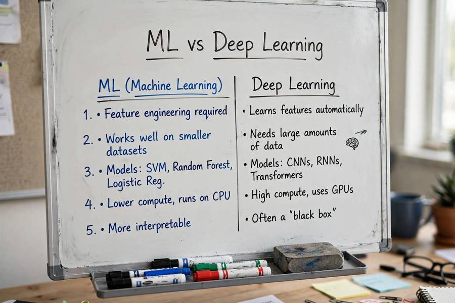 ML versus deep learning comparison on a whiteboard