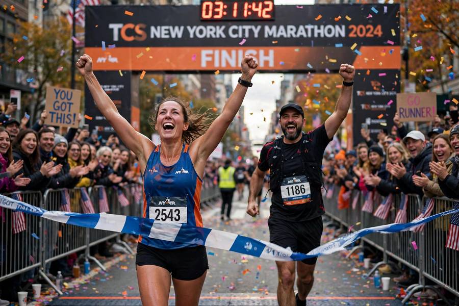 Runners finishing a marathon after completing marathon training for beginners