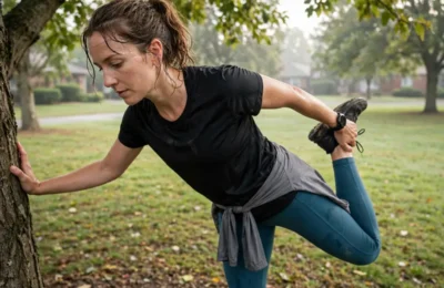 Runner doing a standing quad stretch in a park to cool down after exercise
