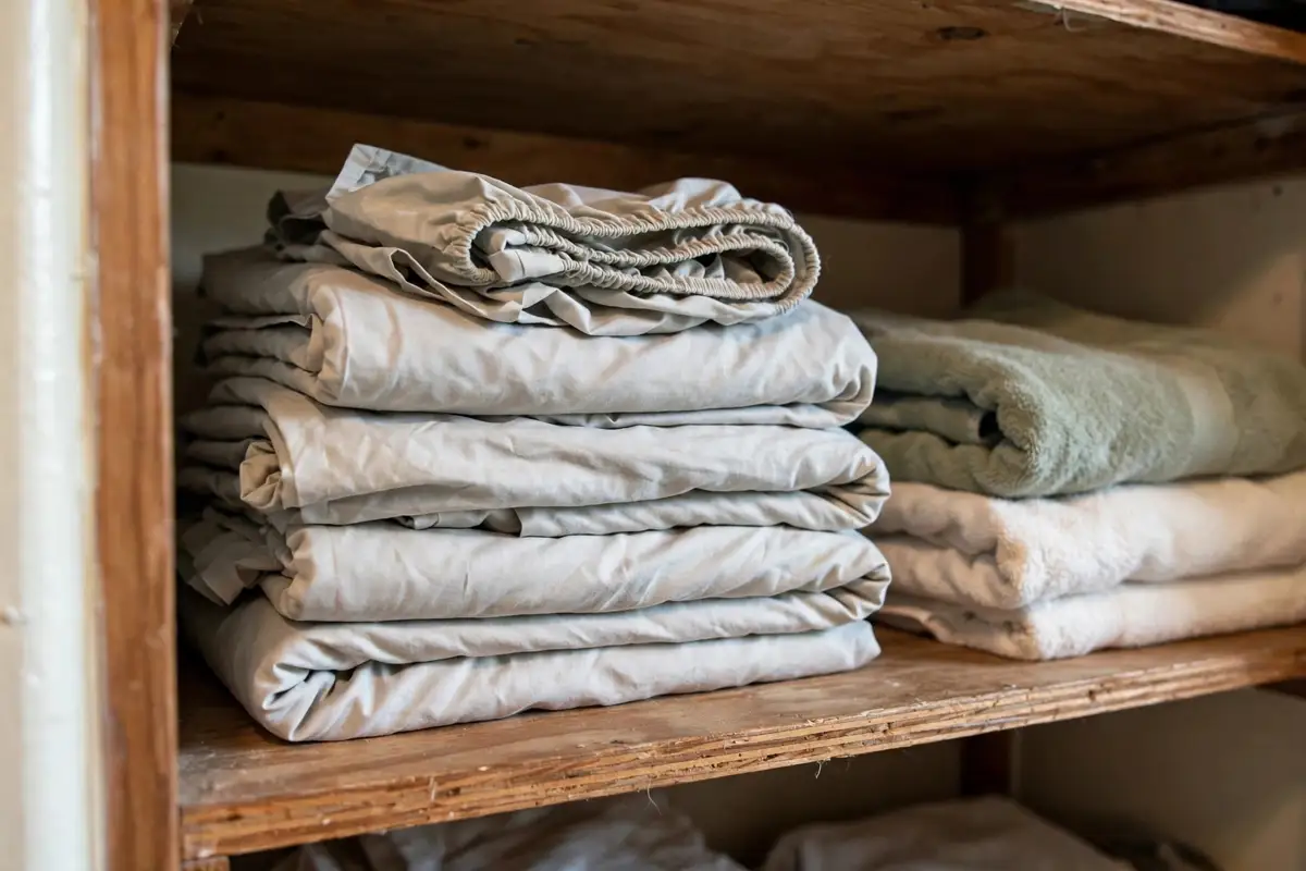 Neatly folded fitted sheets stacked on a linen closet shelf