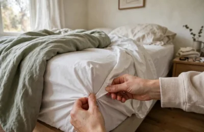Hands tucking the elastic corner of a fitted sheet to fold it neatly on a bed