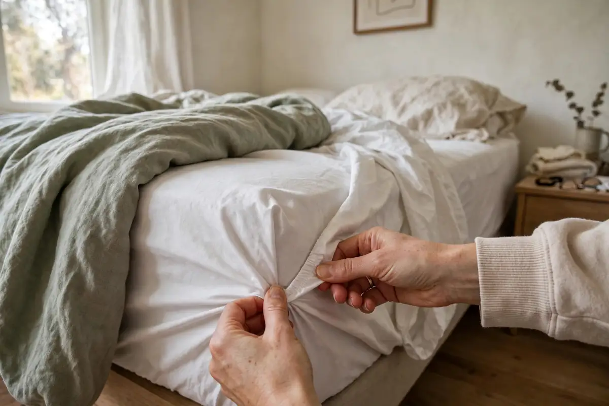 Hands tucking the elastic corner of a fitted sheet to fold it neatly on a bed