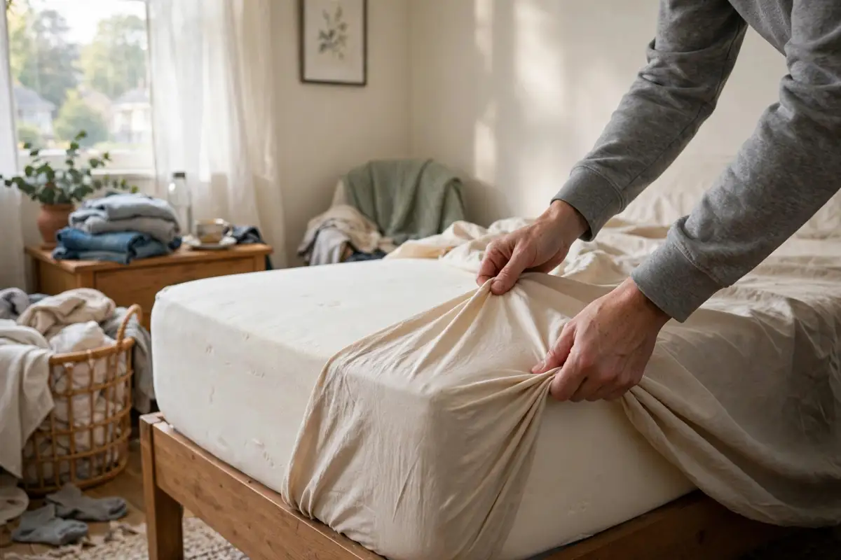 Pulling a fitted sheet smoothly over a mattress corner in a bedroom