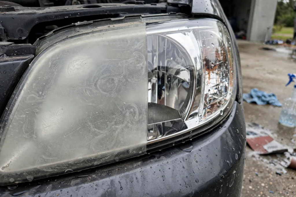 Headlight lens half polished and half sanded showing restoration progress