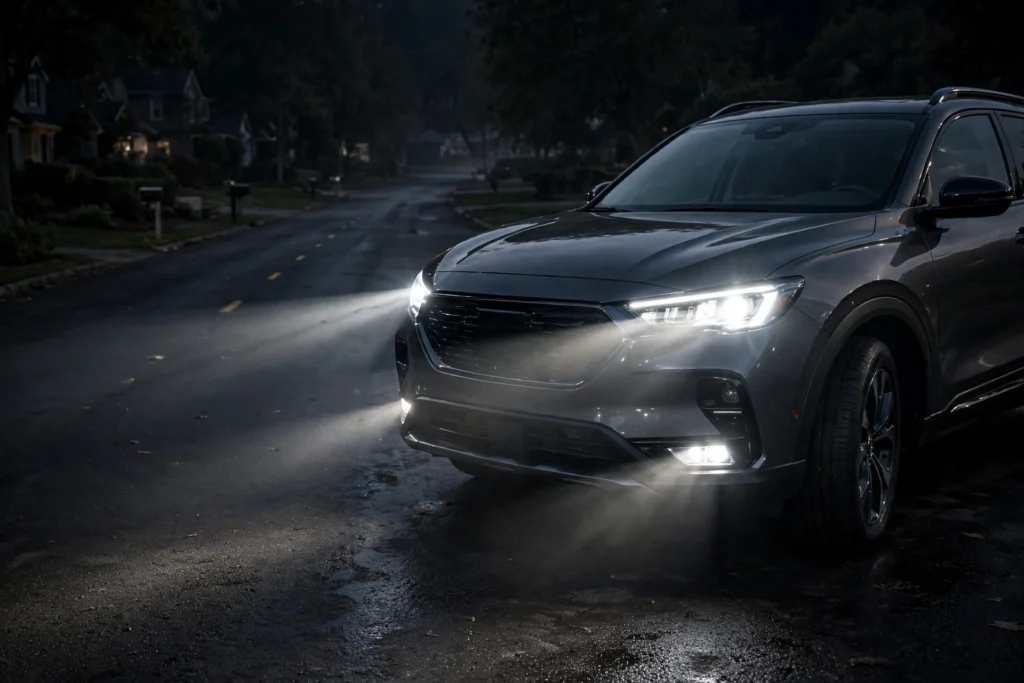 Restored clear headlights shining brightly on a dark road at night