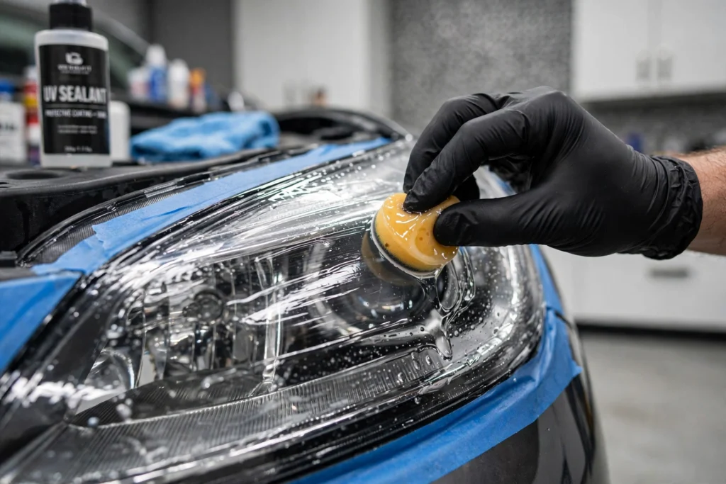 Applying UV sealant to a restored headlight to protect the clear finish