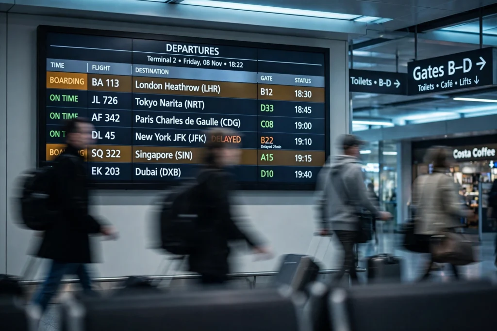 Airport departure board showing international destinations — apply for a passport early
