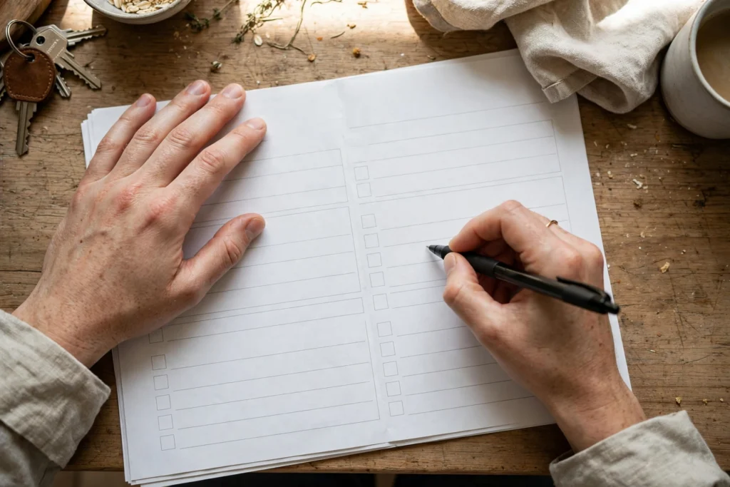 Hands filling out a passport application form with a pen on a table