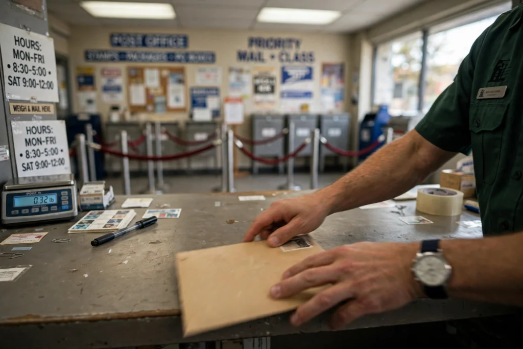 Submitting a passport application in person at a post office counter