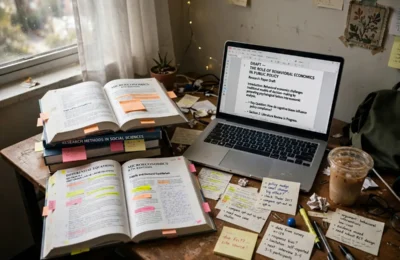 University student writing a research paper introduction at a desk with books and a laptop