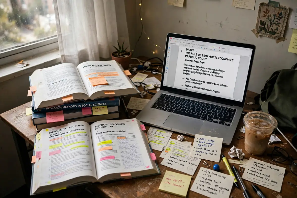 University student writing a research paper introduction at a desk with books and a laptop