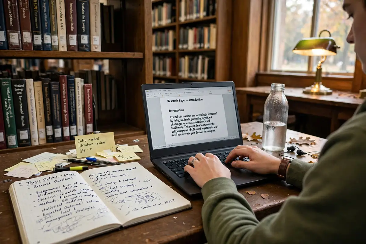 Student writing a research paper introduction in a university library