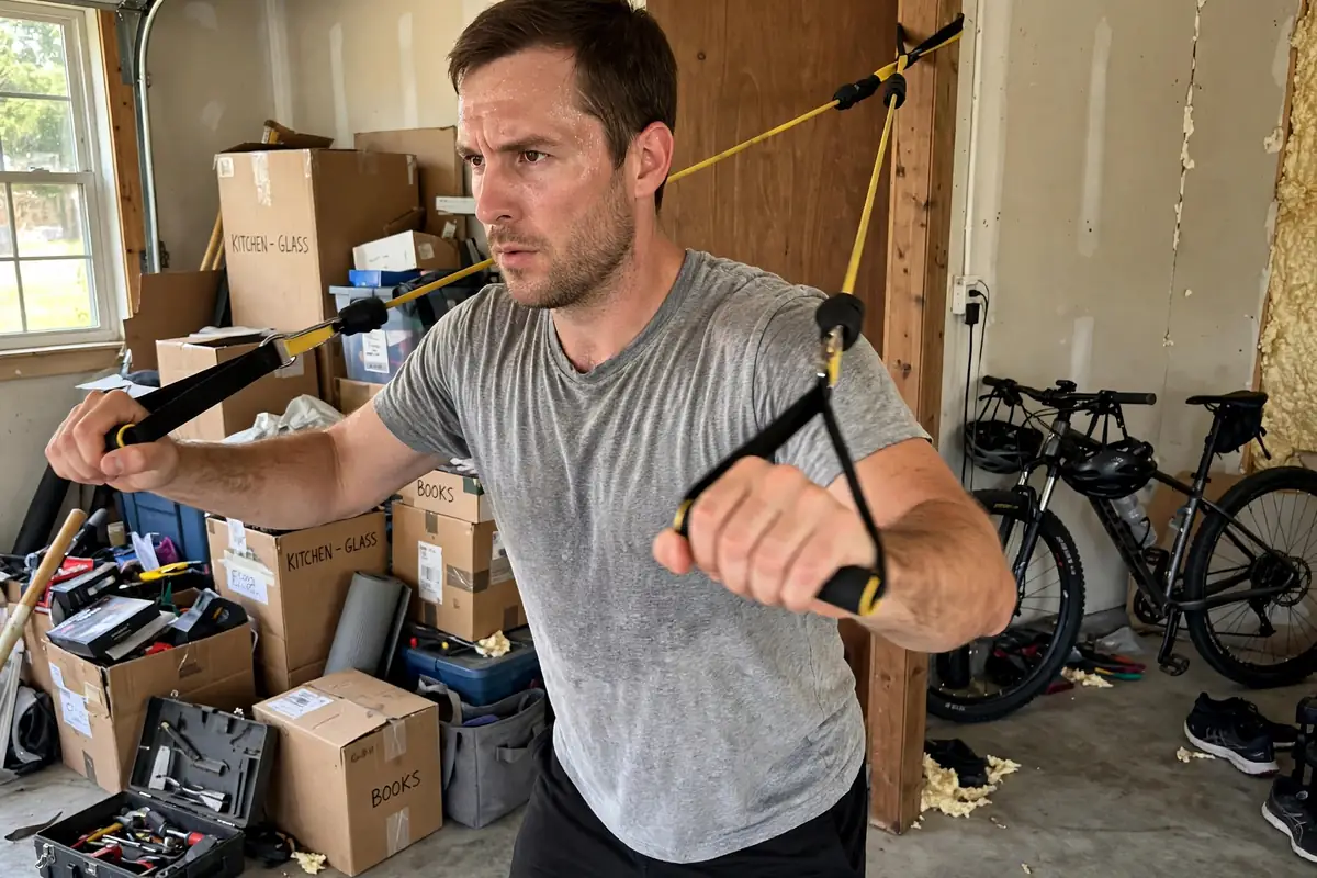Man performing a resistance band chest press in a home garage gym, showing the benefits of resistance band training at home