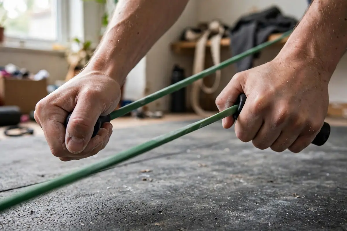 Close-up of hands gripping resistance band handles during a back row exercise