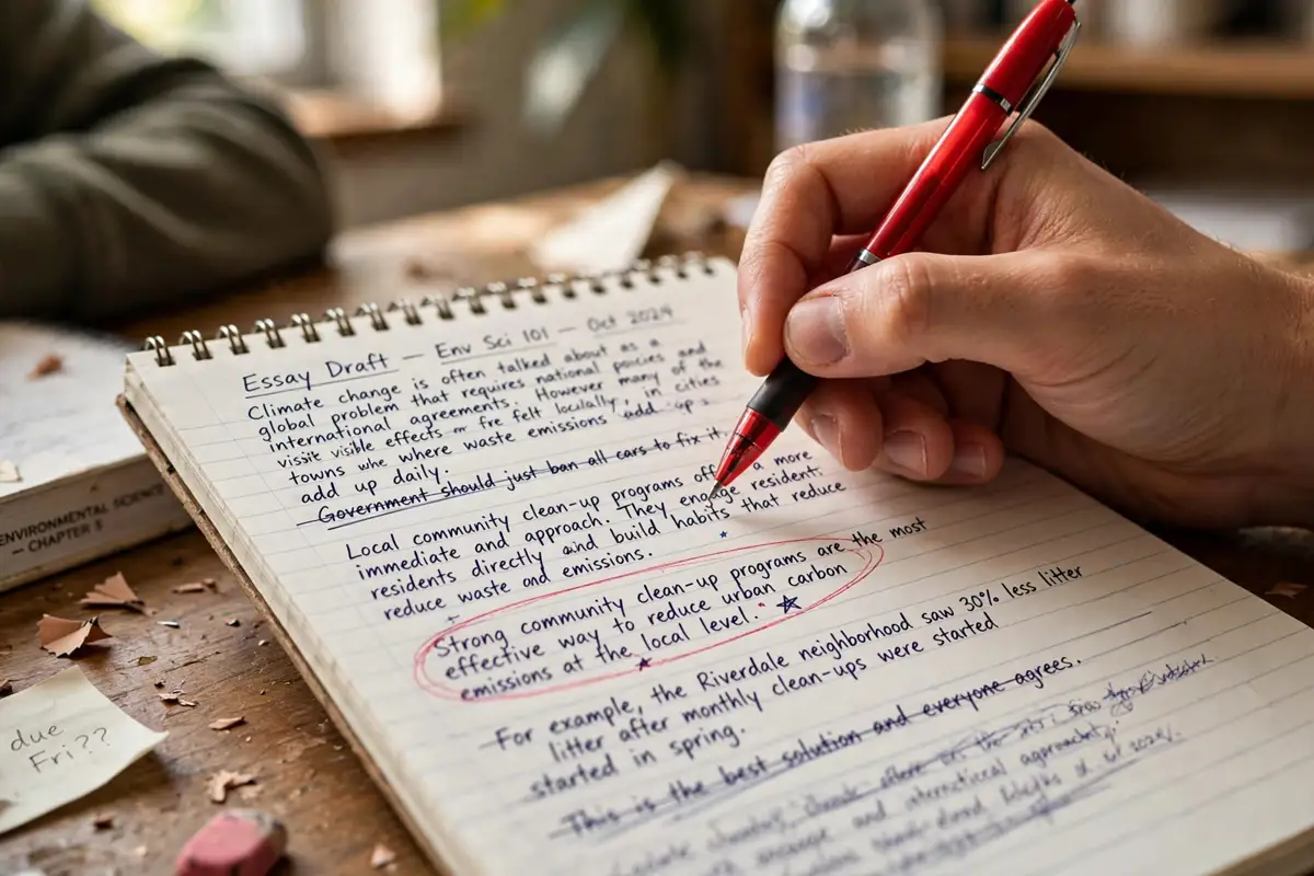 Hand editing an essay draft with a red pen to strengthen the thesis statement