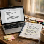 How to Write a Thesis Statement: A Clear Guide College student drafting a thesis statement at a desk with a laptop and handwritten notes