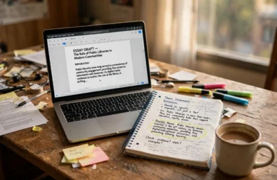College student drafting a thesis statement at a desk with a laptop and handwritten notes