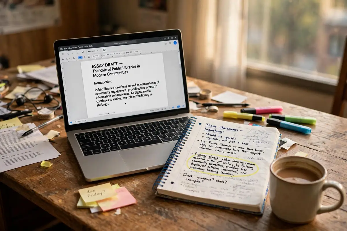 College student drafting a thesis statement at a desk with a laptop and handwritten notes