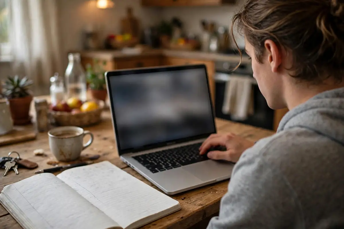 Student typing an essay on a laptop with a written outline beside it