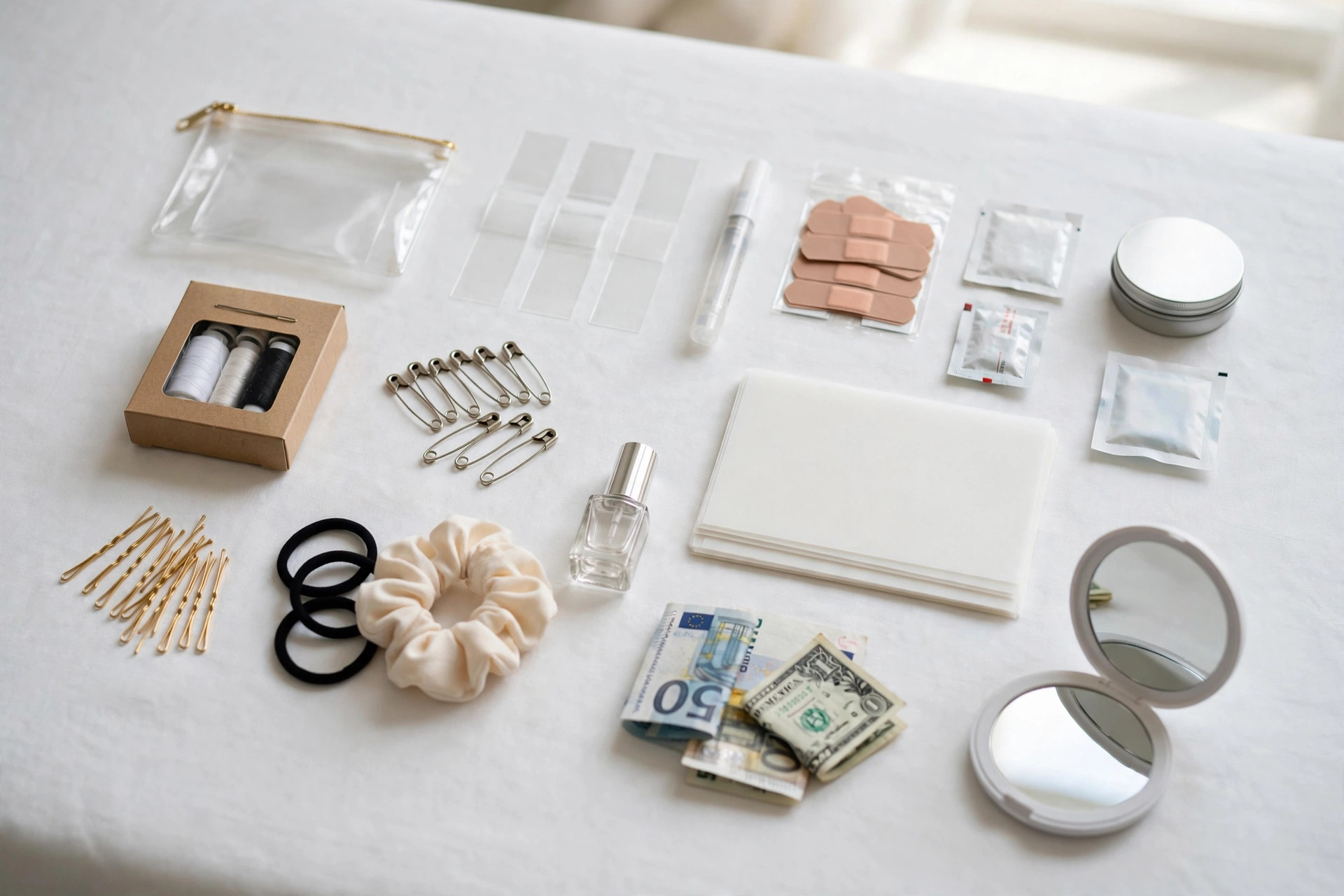 Wedding Day Emergency Kit Checklist: 40+ Must-Pack Items Wedding day emergency kit items arranged in a flat lay on a white table