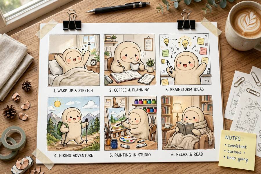 A storyboard showing consistent character design across scenes using the Midjourney character reference cref guide