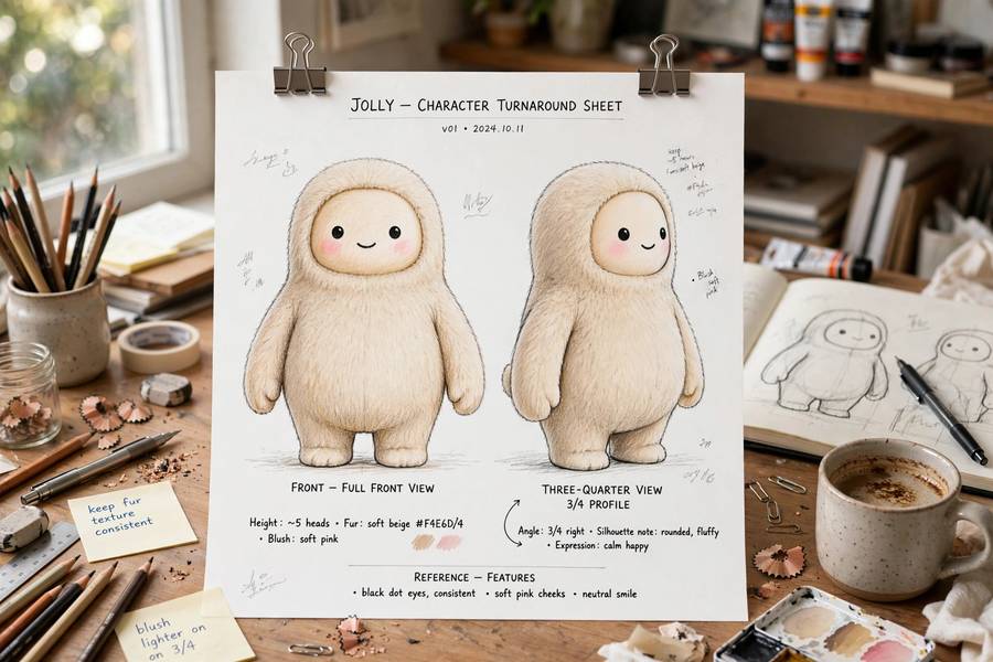Character turnaround sheets used as references for consistent Midjourney character reference results