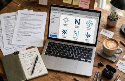 Freelancer reviewing client work under the midjourney commercial use policy