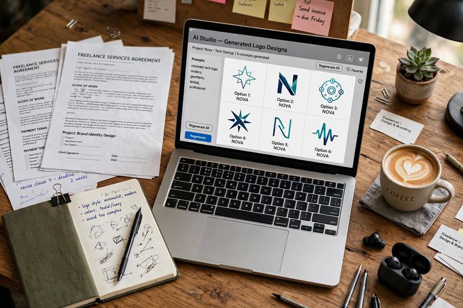 Freelancer reviewing client work under the midjourney commercial use policy