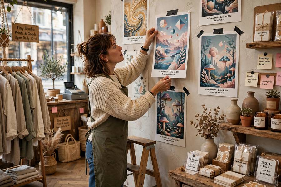 Shop owner selling prints, a scenario covered by the midjourney commercial use policy