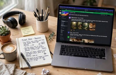 Beginner practicing midjourney prompt tips for beginners at a desk with notes