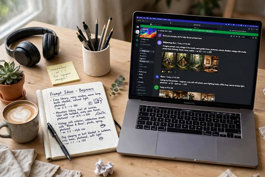 Beginner practicing midjourney prompt tips for beginners at a desk with notes