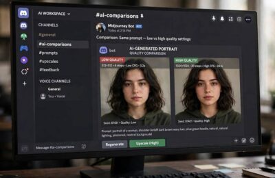 Comparing Midjourney quality parameter settings on a monitor, showing low versus high quality renders
