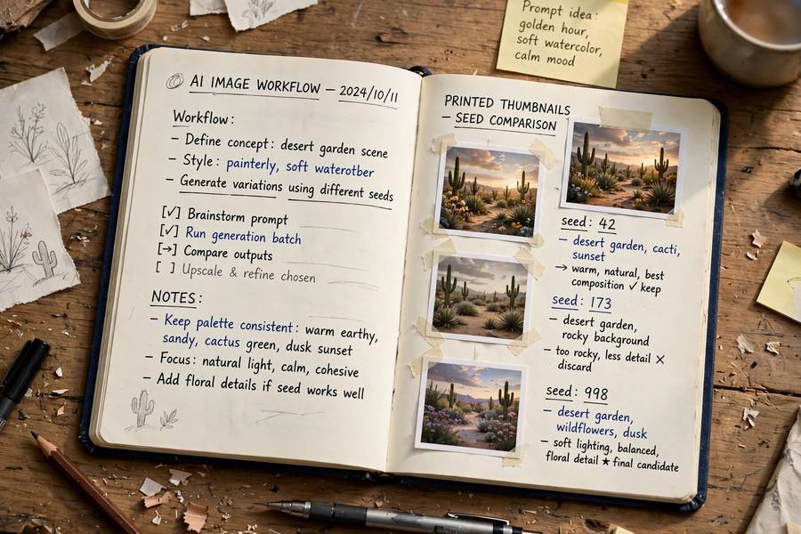 An artist notebook tracking seed numbers for repeatable Midjourney generations