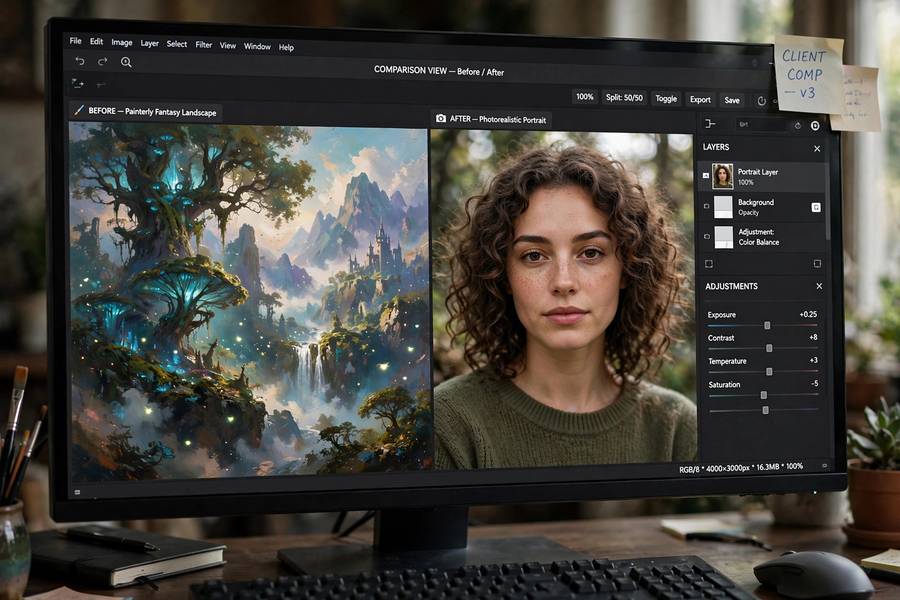Comparing outputs in this midjourney vs dall-e comparison on a monitor