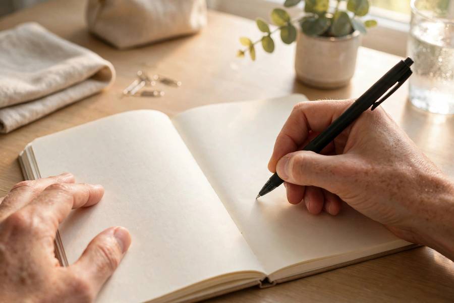 Person writing minimalist goals in a notebook on day one