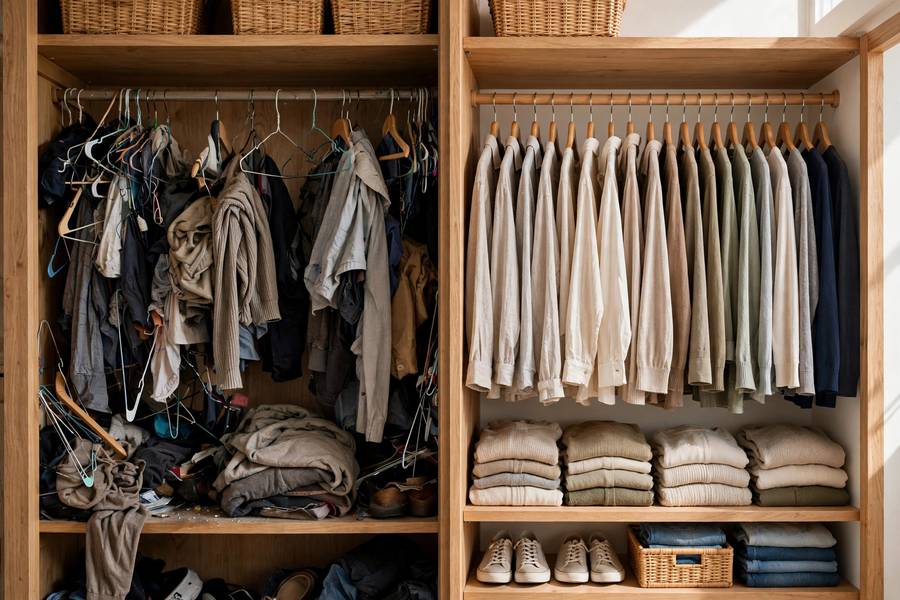 Before and after of an organized decluttered closet