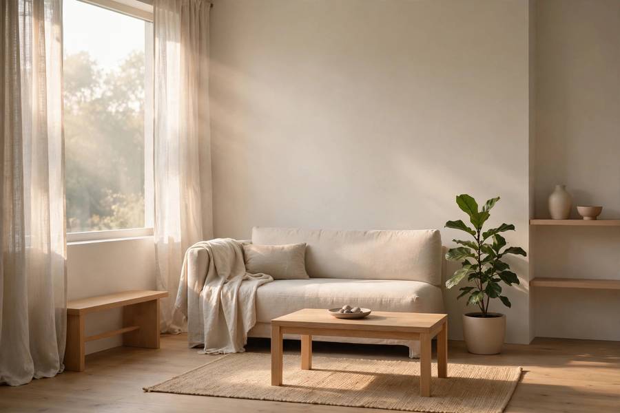 Peaceful minimalist living room after 30 days of decluttering