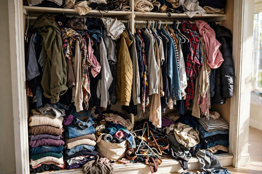 Overflowing closet representing common minimalism mistakes