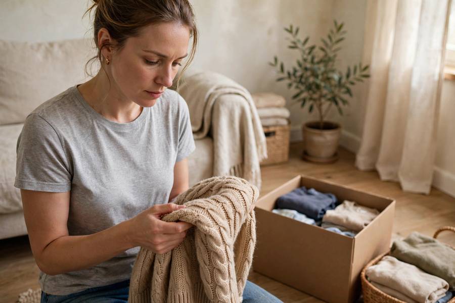 Person thoughtfully deciding what to keep while decluttering