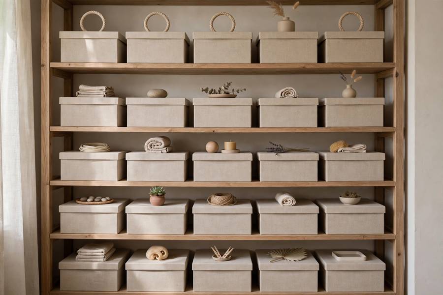 Matching beige storage boxes as an example of aesthetic trap