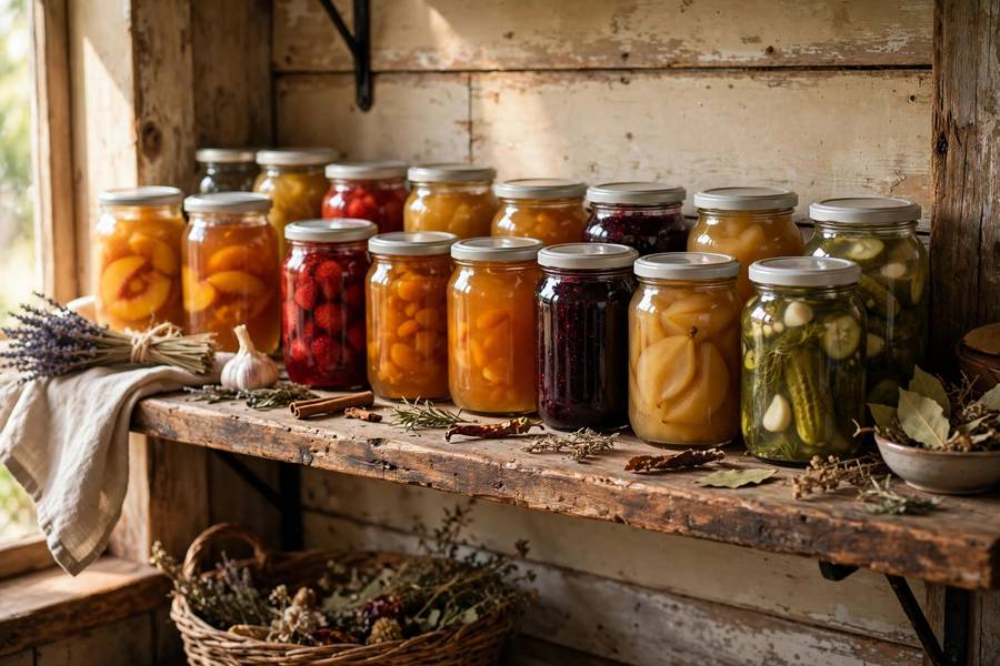 Simple living farmhouse kitchen with home-canned preserves