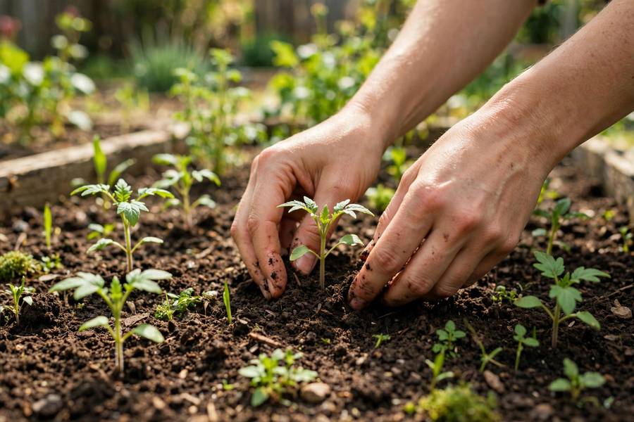 Person gardening growing vegetables in a backyard